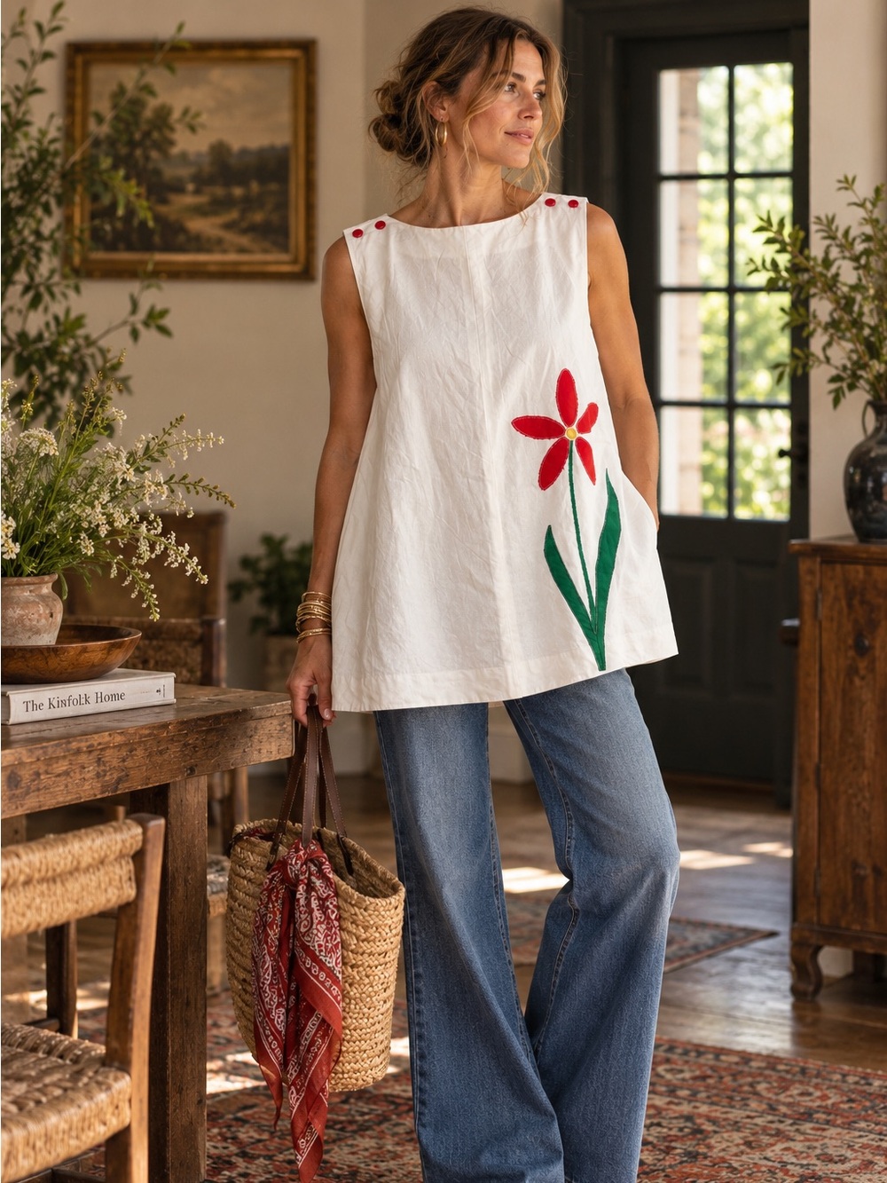 Vintage 70s White Cotton Tunic Handmade Red Flower Applique Folk Art Mod